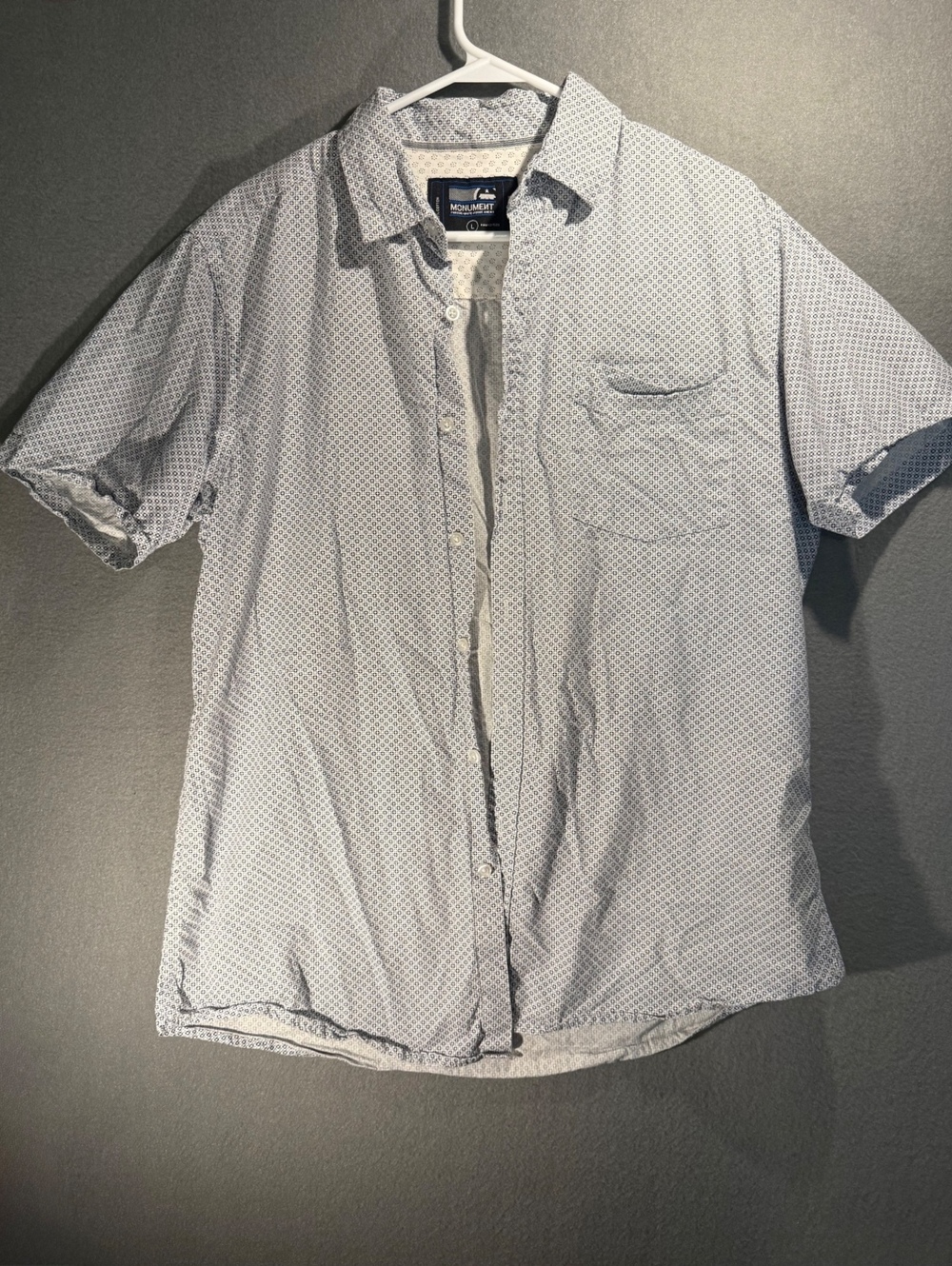 Monument Men's Short Sleeve Button-Up Shirt Blue Patterned Cotton Size L